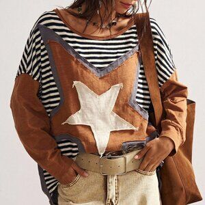 Boho Casual Women's Star & Stripe Patchwork Long Sleeve Loose shirt